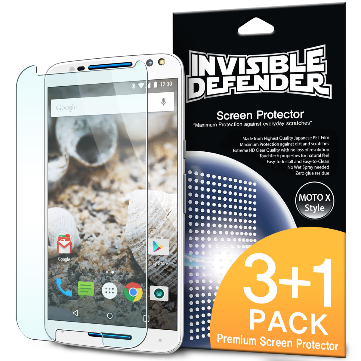 Moto X Pure/Style 2015 Screen Protector | Film - Moto X Pure/Style 2015 Screen Protector - Invisible Defender film pack with a Moto X smartphone and product packaging.