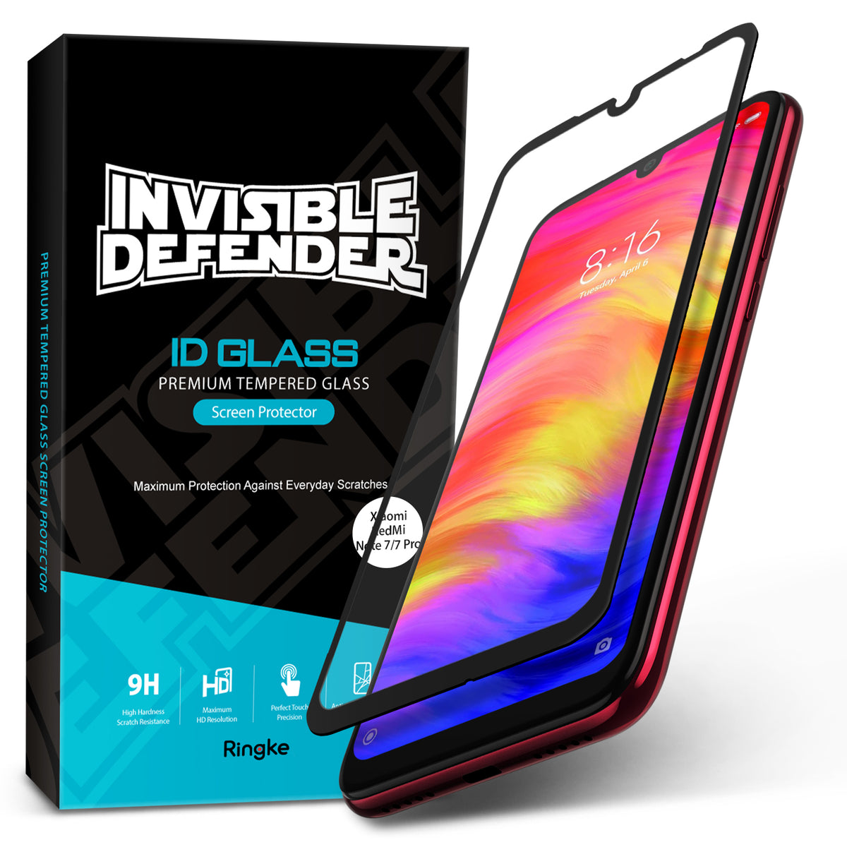 Redmi Note 7 / 7 Pro Screen Protector | Invisible Defender - Redmi Note 7 / 7 Pro Screen Protector - Invisible Defender tempered glass screen protector hovering over a red smartphone.