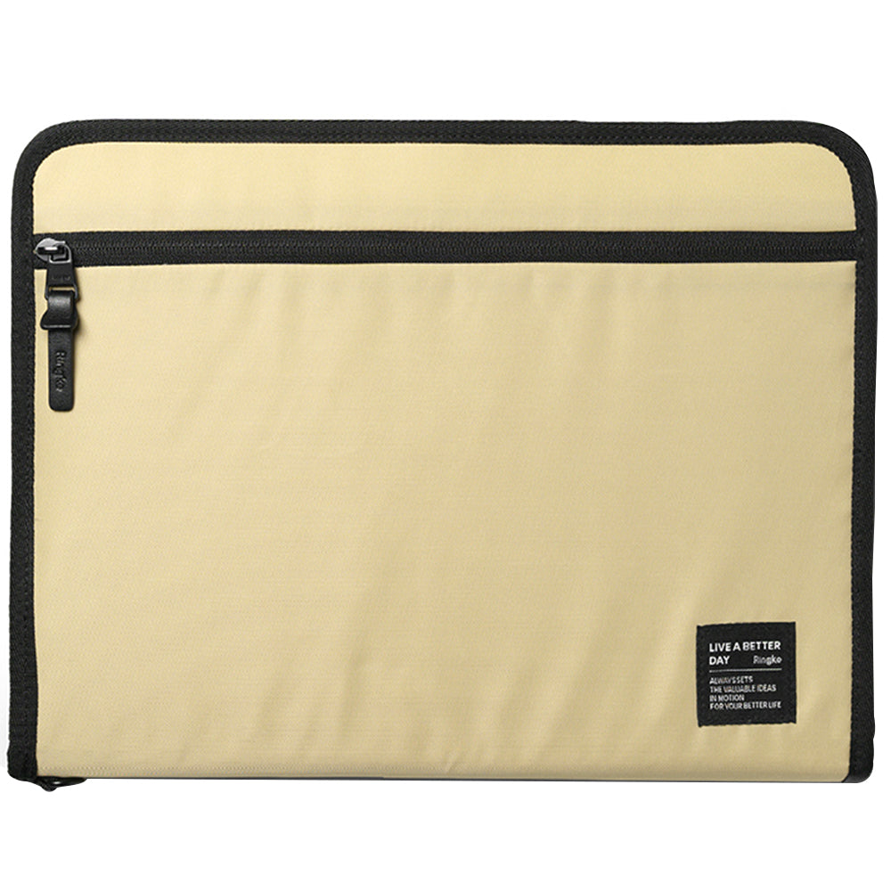 Pad Pouch | Smart Zip Pouch - Beige rectangular zippered tablet sleeve with black trim and a small branded label in the corner.