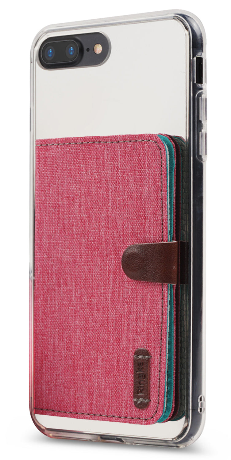 GIFT SET | Google Pixel Watch - Clear phone case with a pink fabric wallet attachment featuring a brown leather clasp and logo tag.