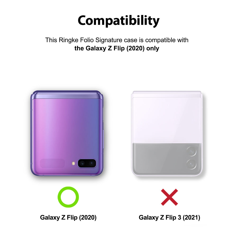 Galaxy Z Flip Case | Folio Signature Purple - Compatibility chart showing Galaxy Z Flip (2020) with a green check and Z Flip 3 with a red X.