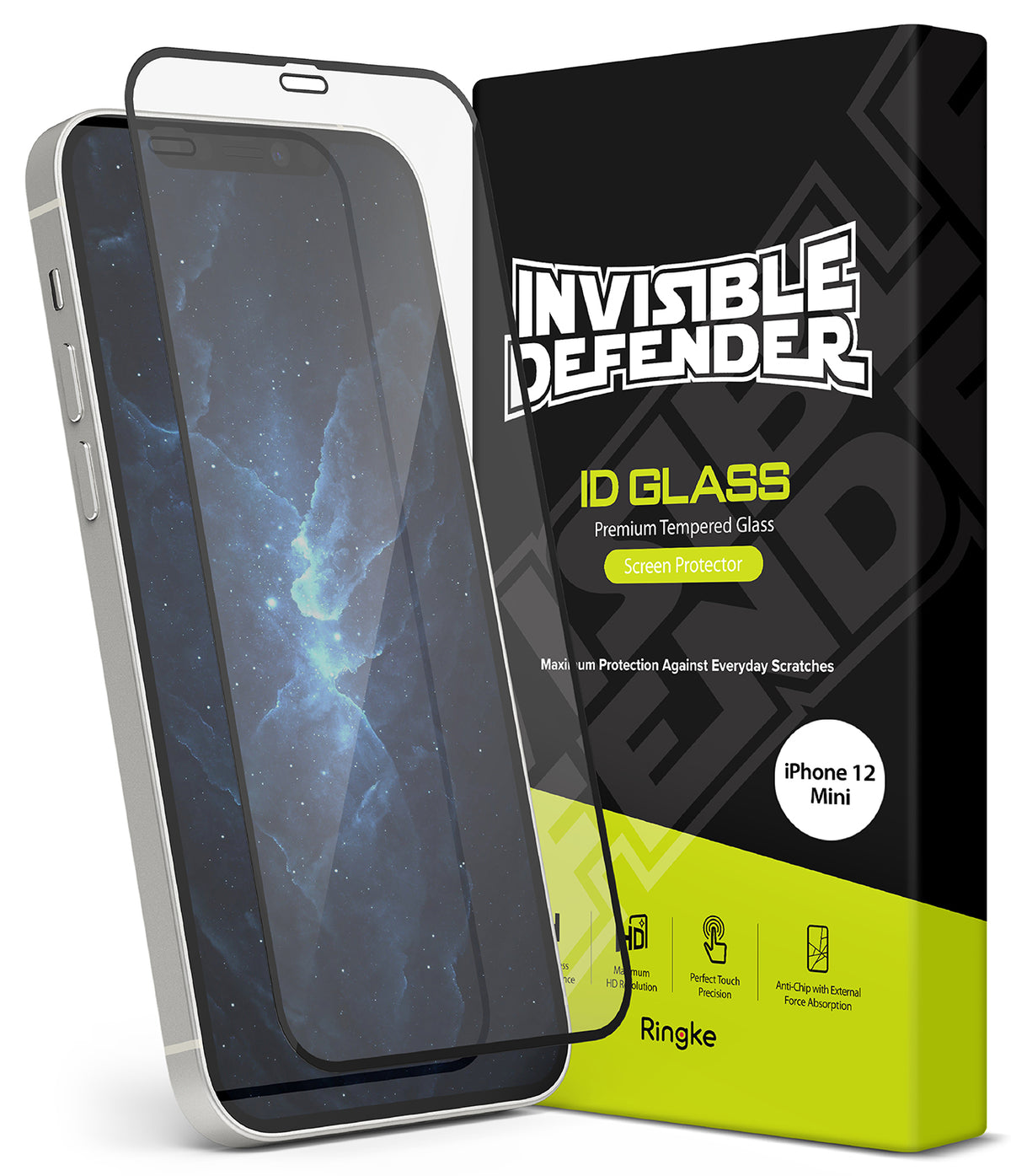 iPhone 12 Mini Screen Protector | Invisible Defender Glass - Tempered glass protector hovering over an iPhone 12 Mini.