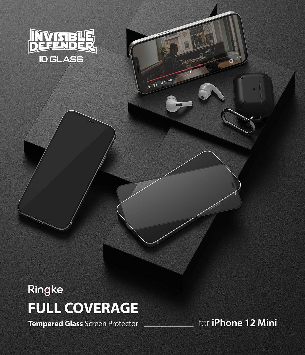 iPhone 12 Mini Screen Protector | Invisible Defender Glass - iPhone 12 Mini Screen Protector - iPhone 12 Mini with glass screen protector, earbuds, and case on a black geometric surface.