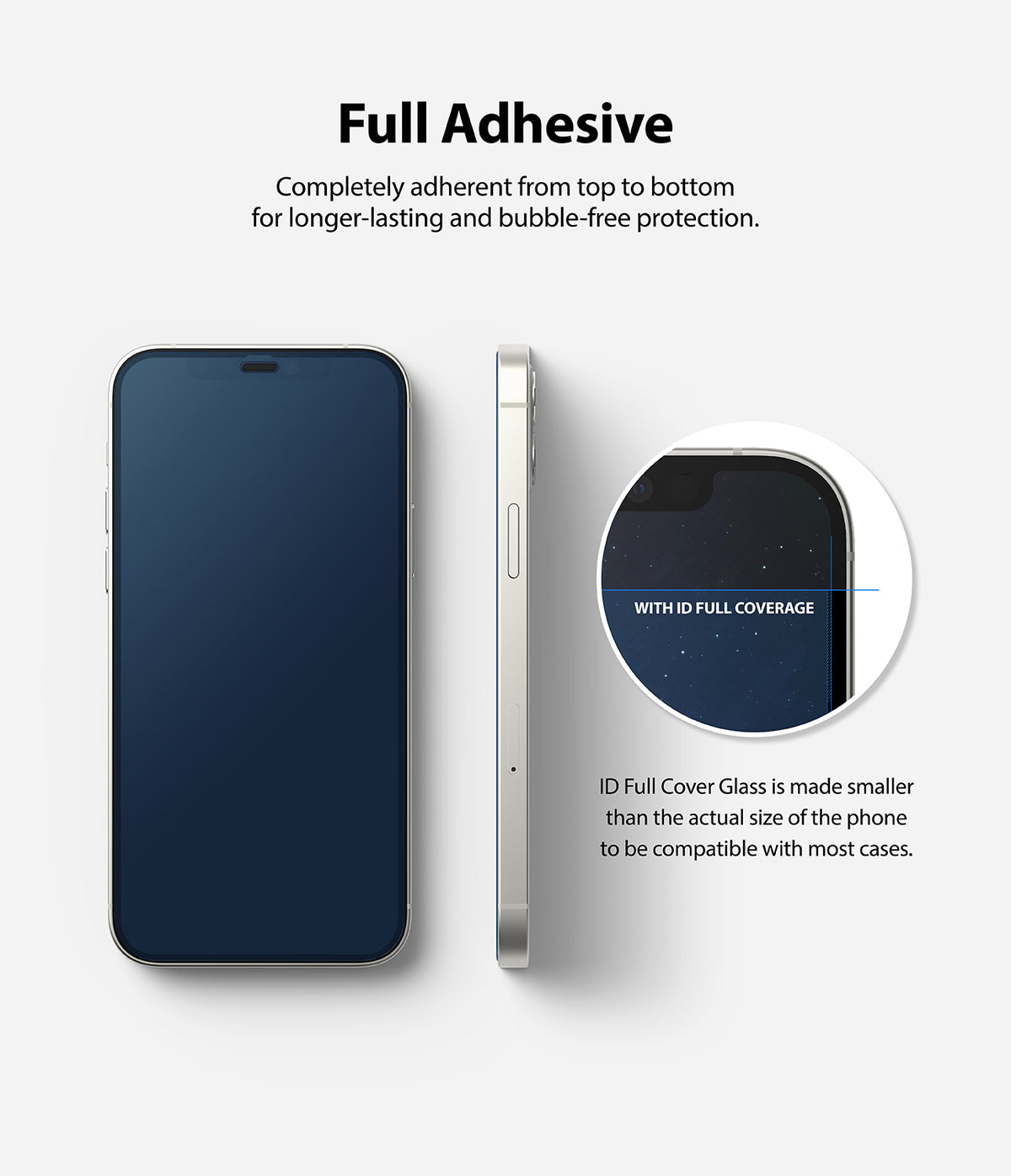 iPhone 12 Mini Screen Protector | Invisible Defender Glass - iPhone 12 Mini Screen Protector - Front and side views of phone showing full adhesive coverage and case-friendly design.