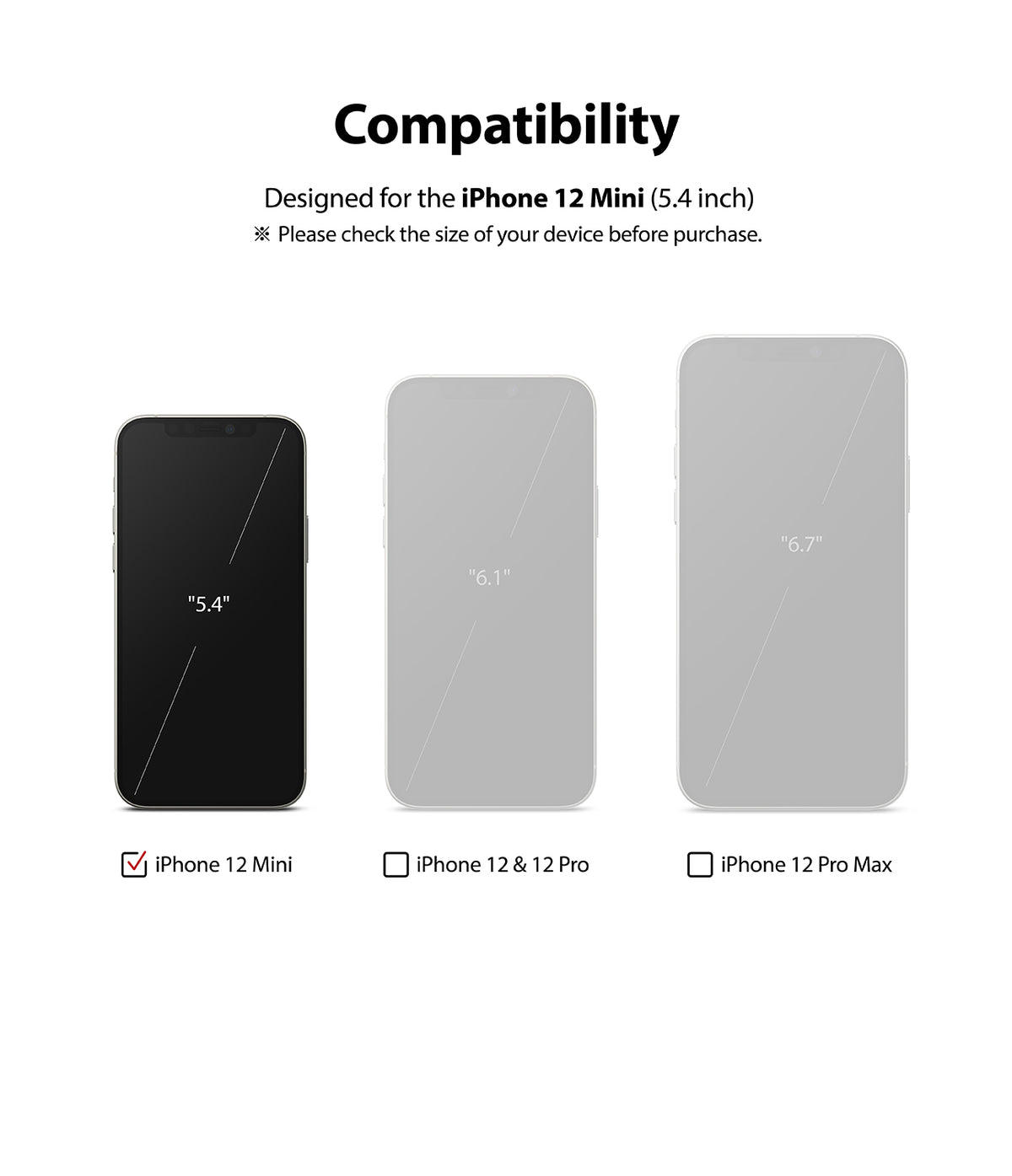 iPhone 12 Mini Screen Protector | Invisible Defender Glass - iPhone 12 Mini Screen Protector - Compatibility chart showing 5.4, 6.1, and 6.7-inch iPhone models with 12 Mini selected.