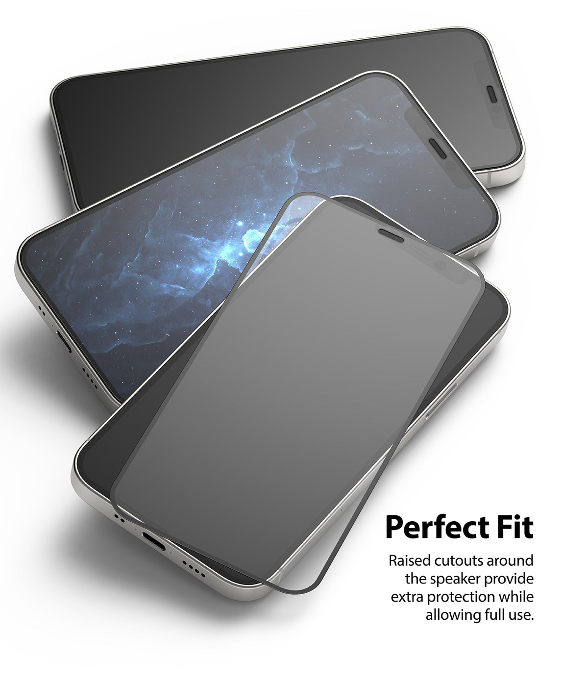 iPhone 12 Mini Screen Protector | Invisible Defender Glass - iPhone 12 Mini Screen Protector - Transparent glass screen protector layered over an iPhone 12 Mini with speaker cutout.