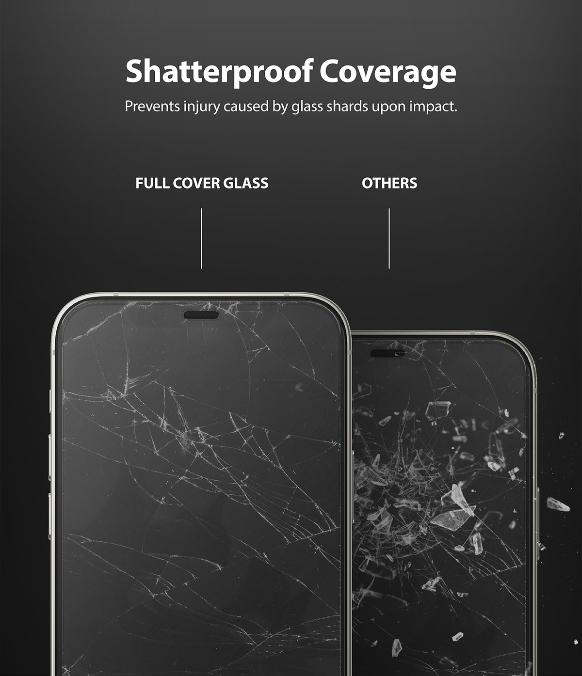 iPhone 12 Mini Screen Protector | Invisible Defender Glass - Comparison of crack patterns on full cover glass vs others.