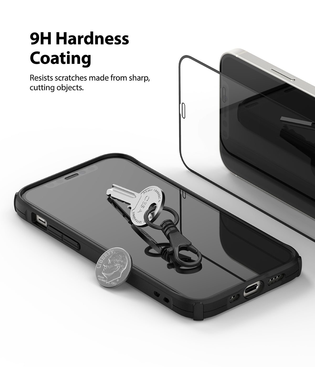 iPhone 12 Mini Screen Protector | Invisible Defender Glass - iPhone 12 Mini Screen Protector - A key and coin resting on a phone screen with a glass protector hovering above.