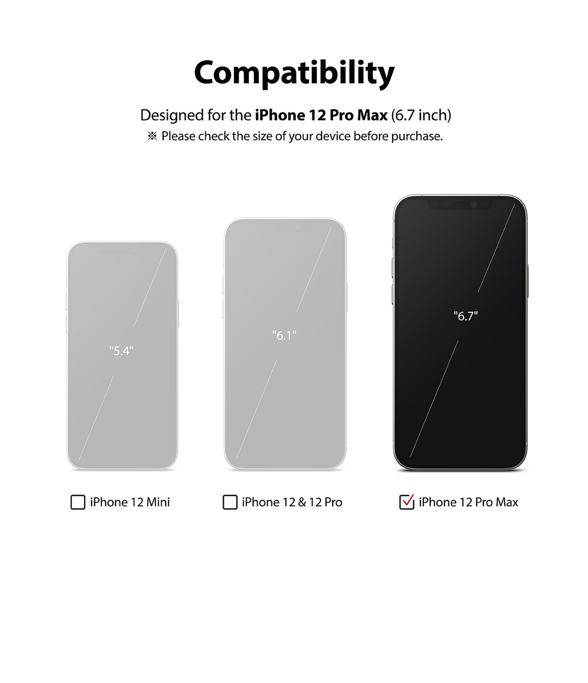 iPhone 12 Pro Max Screen Protector | Invisible Defender Glass - iPhone 12 Pro Max Screen Protector - Comparison chart showing 5.4, 6.1, and 6.7-inch iPhone models with 6.7-inch selected.