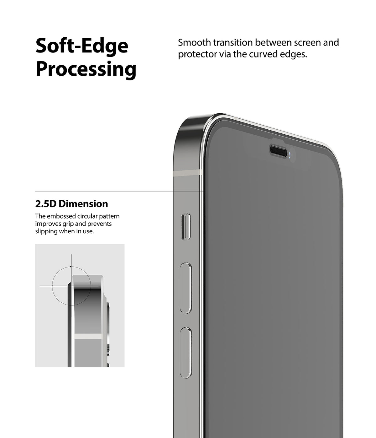 iPhone 12 Pro Max Screen Protector | Invisible Defender Glass - iPhone 12 Pro Max Screen Protector - Close-up of phone edge showing 2.5D curved glass transition and soft-edge processing.