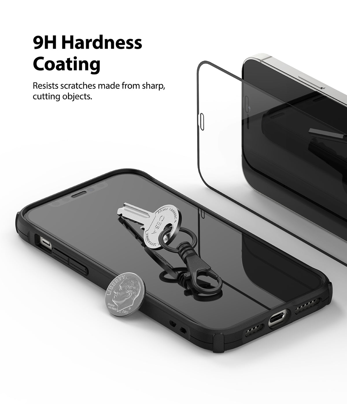 iPhone 12 Pro Max Screen Protector | Invisible Defender Glass - iPhone 12 Pro Max Screen Protector - A key and coin resting on a phone screen with a protective glass layer floating above.