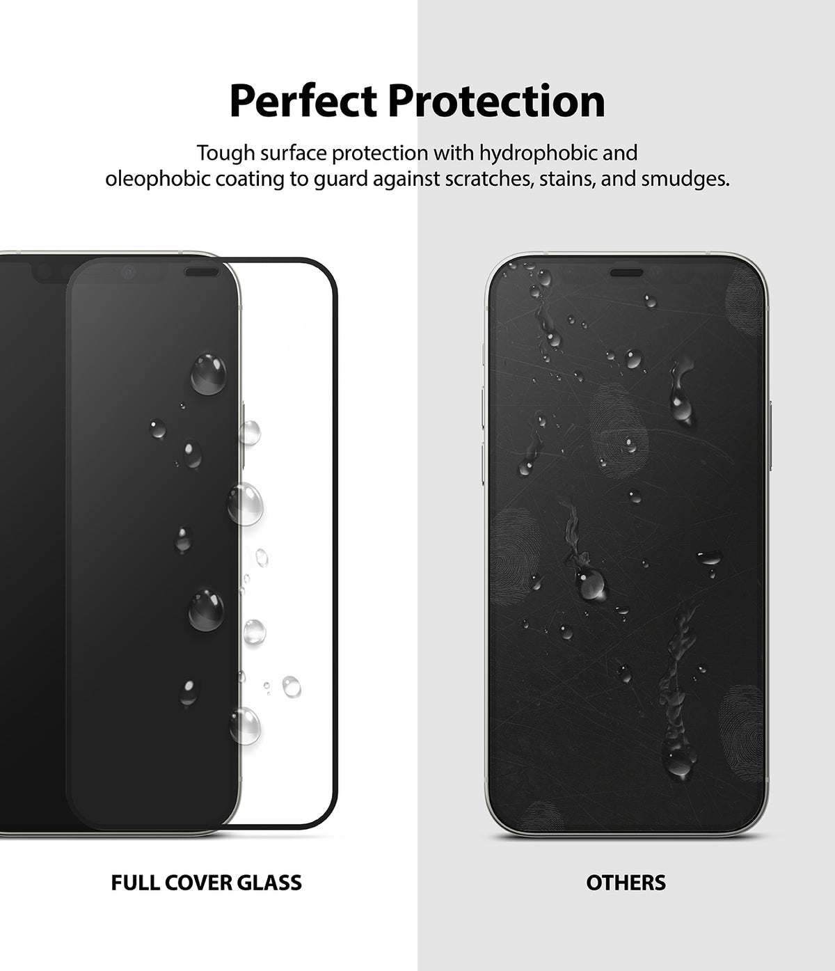 iPhone 12 Pro Max Screen Protector | Invisible Defender Glass - iPhone 12 Pro Max Screen Protector - Comparison showing water beading on protected glass versus smudges on standard glass.