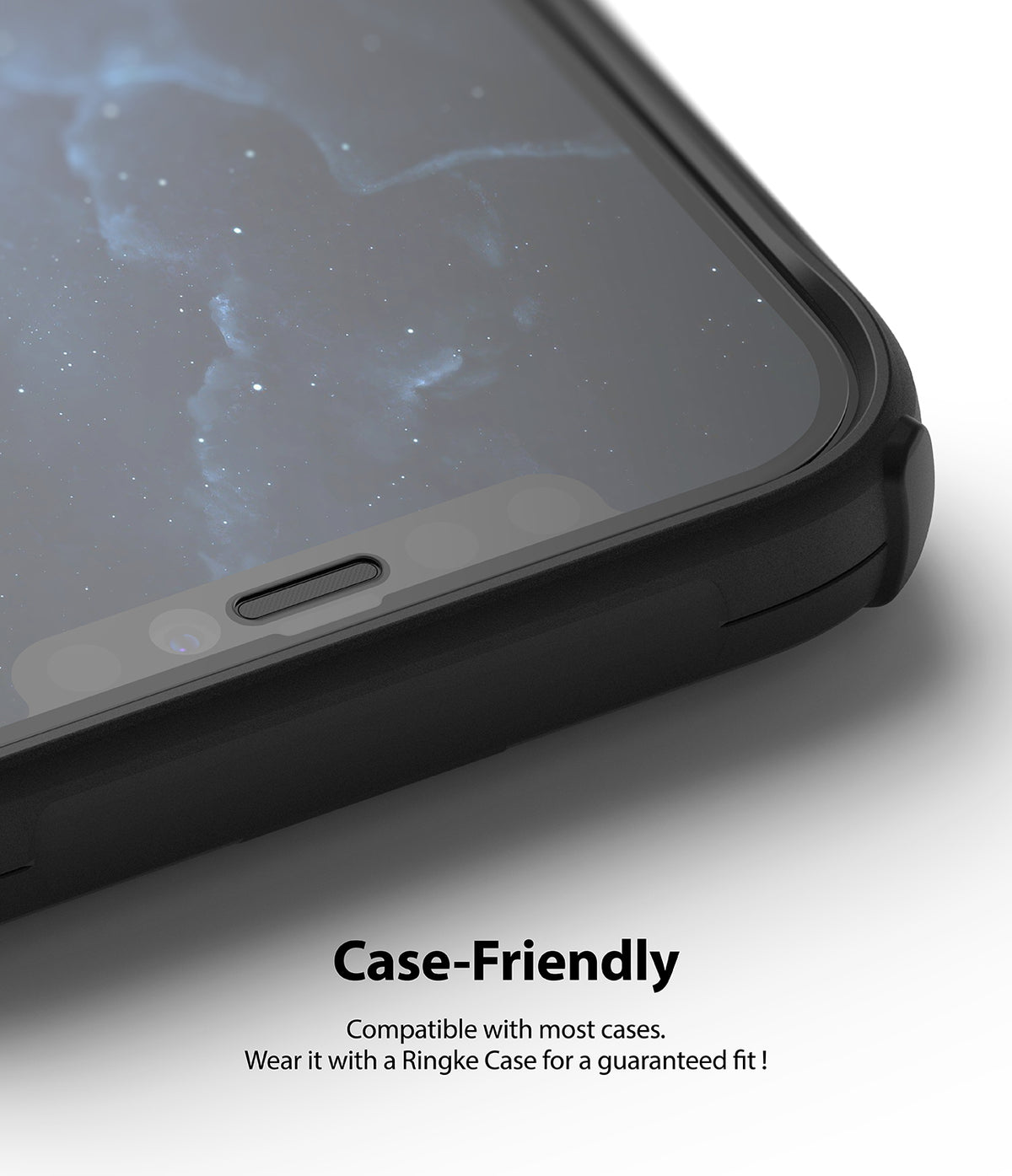 iPhone 12 Pro Max Screen Protector | Invisible Defender Glass - iPhone 12 Pro Max Screen Protector - Close-up of a phone screen with a glass protector showing a case-friendly edge gap.