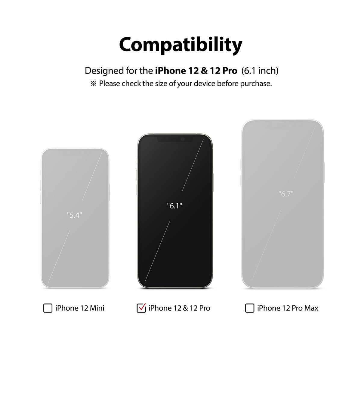 iPhone 12 / 12 Pro Screen Protector | Invisible Defender Glass - Compatibility chart showing 5.4, 6.1, and 6.7-inch phones.
