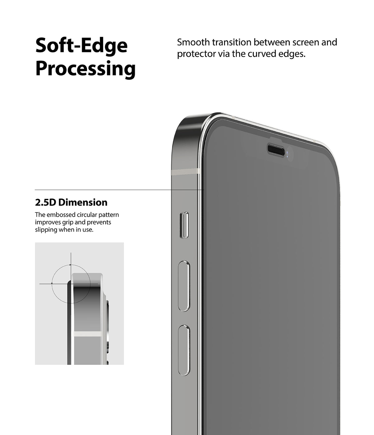iPhone 12 / 12 Pro Screen Protector | Invisible Defender Glass - iPhone 12 / 12 Pro Screen Protector - Close-up of phone edge showing smooth 2.5D curved glass transition and grip design.