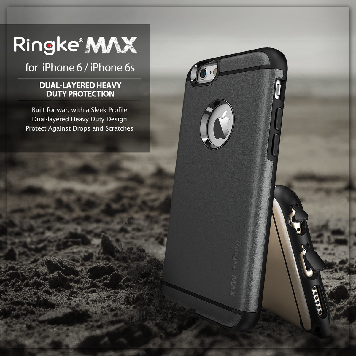 iPhone 6s / 6 Case | Max - Royal Gold - Two-tone black and gold heavy-duty phone cases standing on a sandy surface.