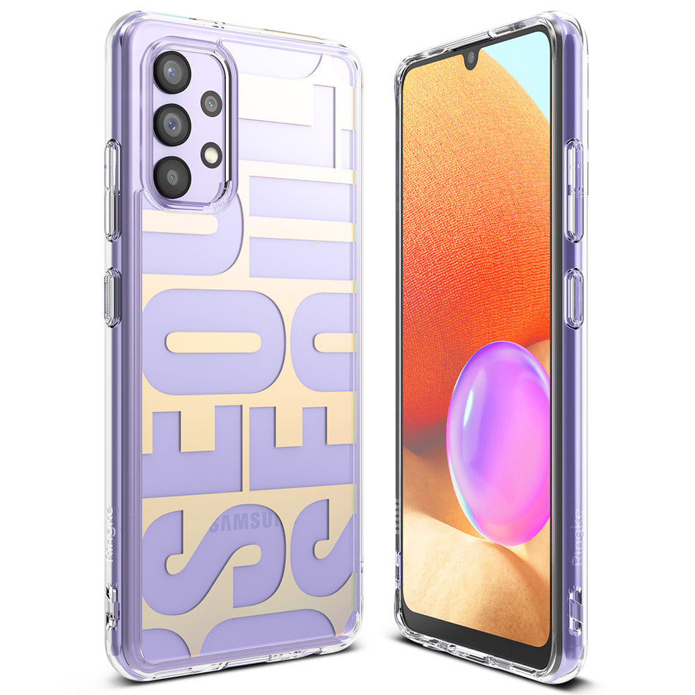 Galaxy A32 4G Case | Fusion Design - Seoul - Clear phone case with large purple SEOUL text on a Samsung Galaxy A32.