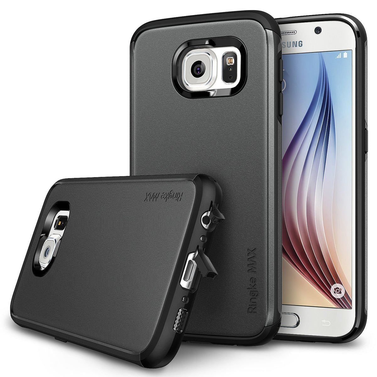Galaxy S6 Case | Max - Gunmetal and black protective phone cases shown from back and side angles with a Galaxy S6 smartphone.