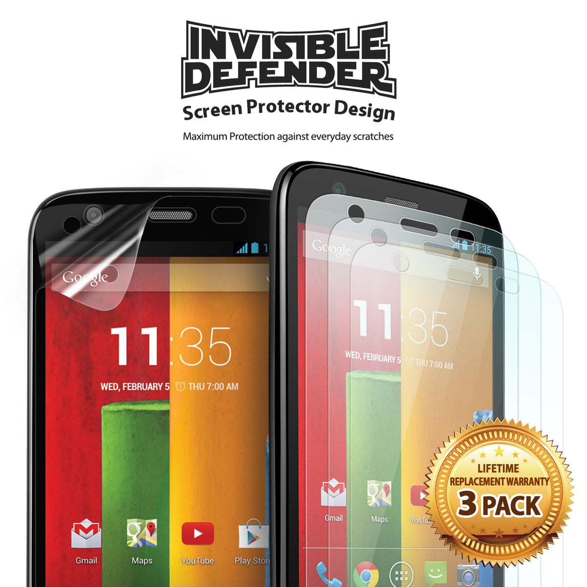 Moto G 2013 (1st Gen.) Screen Protector | Film - Two Moto G phones with clear screen protector films and a 3-pack warranty seal.