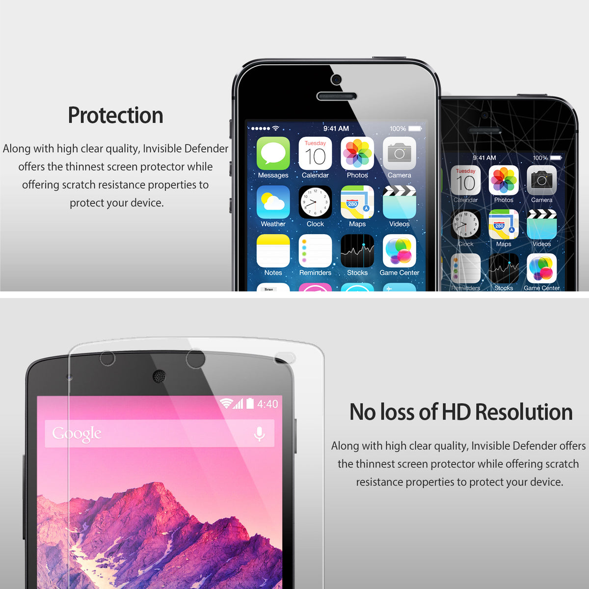 Moto G 2013 (1st Gen.) Screen Protector | Film - Two smartphones showing clear screen protectors with text overlays.