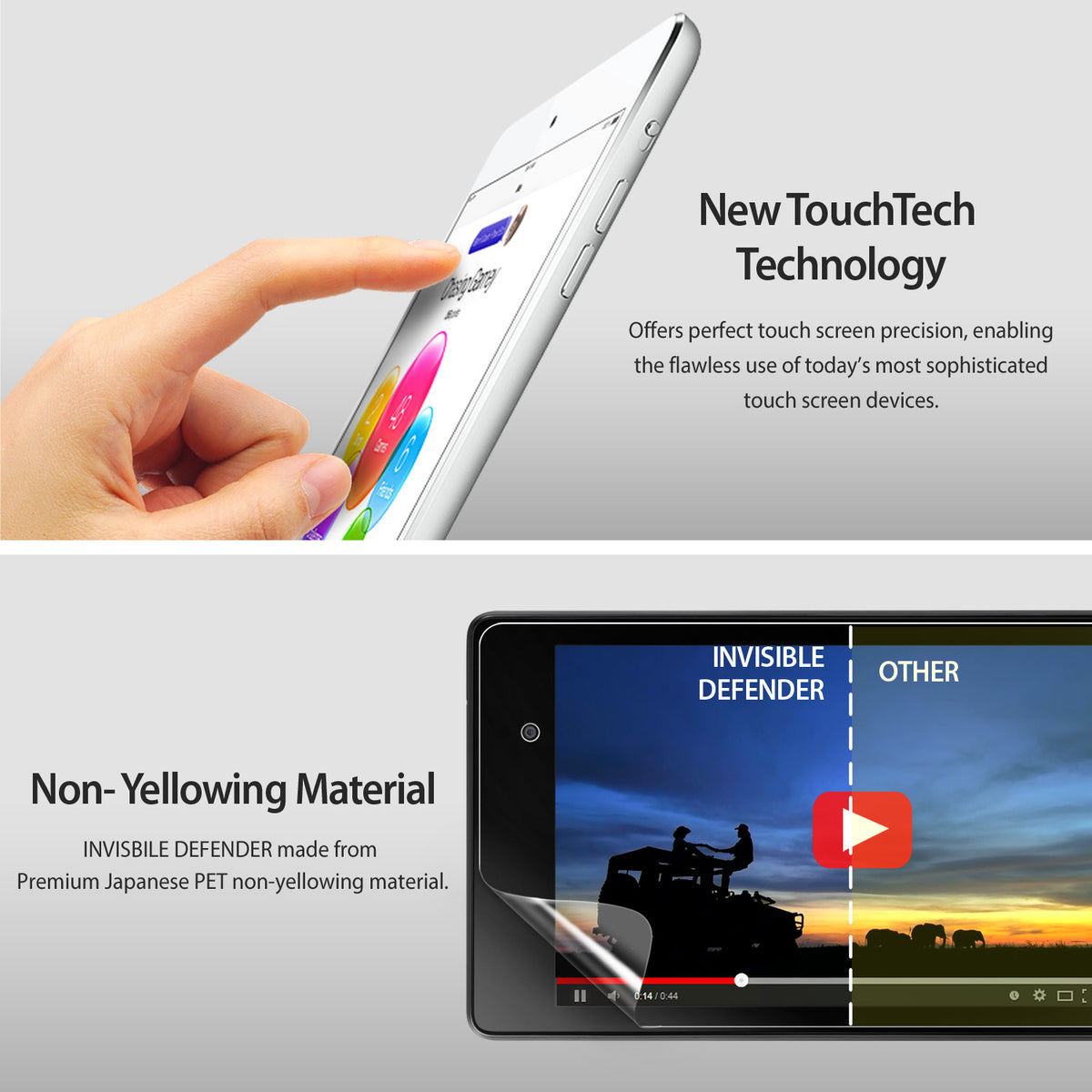 Moto G 2013 (1st Gen.) Screen Protector | Film - Finger touching a smartphone screen and a comparison of clarity.