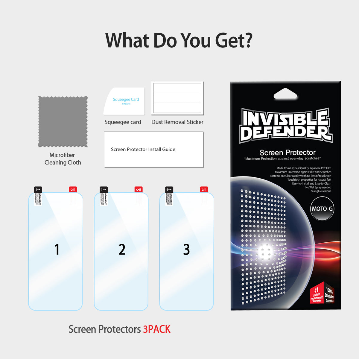 Moto G 2013 (1st Gen.) Screen Protector | Film - Three screen protectors, cleaning cloth, squeegee, and installation kit.