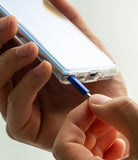 Galaxy Note 10 Case | Fusion - A hand inserting a blue S Pen into a clear protective case on a Galaxy Note 10.