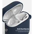 Ringke Airpods 2 / 1 Dust Guard Sticker - Open navy AirPods case with a metallic dust guard sticker applied to the top.