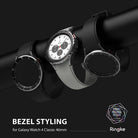 Galaxy Watch 4 Classic 46mm | Bezel Styling - Three Galaxy Watch 4 Classic smartwatches with custom bezels on a black bar.