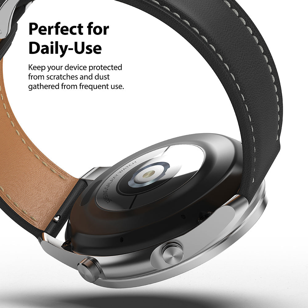 Galaxy Watch 3 (45mm) | Bezel Styling - Back view of a silver Galaxy Watch 3 with a black leather strap and text overlay.
