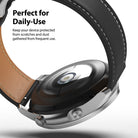 Galaxy Watch 3 (45mm) | Bezel Styling - Back view of a silver Galaxy Watch 3 with a black leather strap and text overlay.