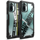 Redmi Note 10 / 10s Case | Fusion-X Design - Two rugged black phone cases with clear backs featuring graphic text.