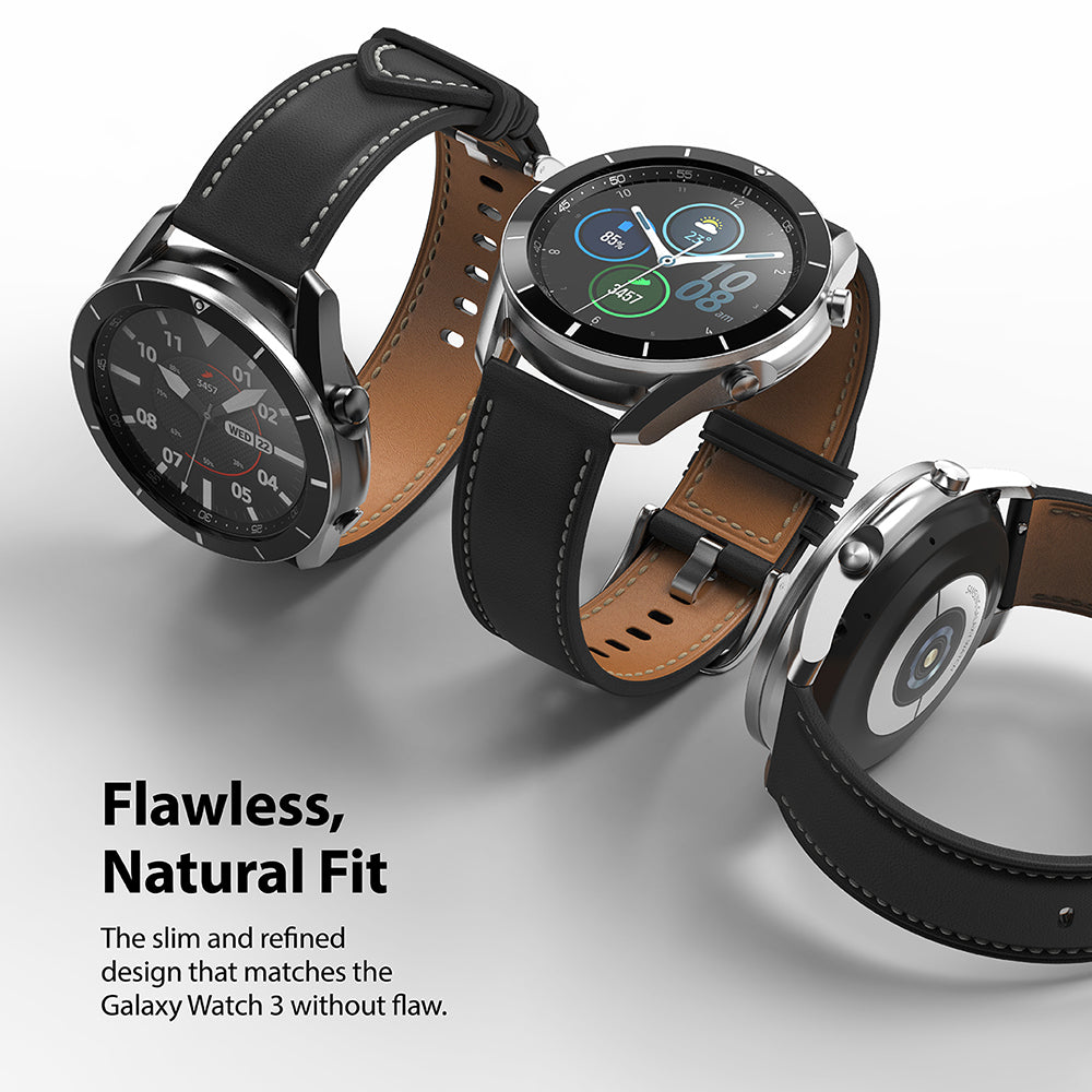 Galaxy Watch 3 (45mm) | Bezel Styling - Three views of a silver Galaxy Watch 3 with a black leather strap and bezel cover.