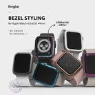 Apple Watch Series 6 / 5 / 4 / SE (44mm) | Bezel Styling - Five Apple Watches with various colorful metal bezel covers.