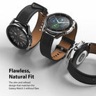 Galaxy Watch 3 (45mm) | Bezel Styling - Three views of a Galaxy Watch 3 with a black leather strap and silver bezel styling.