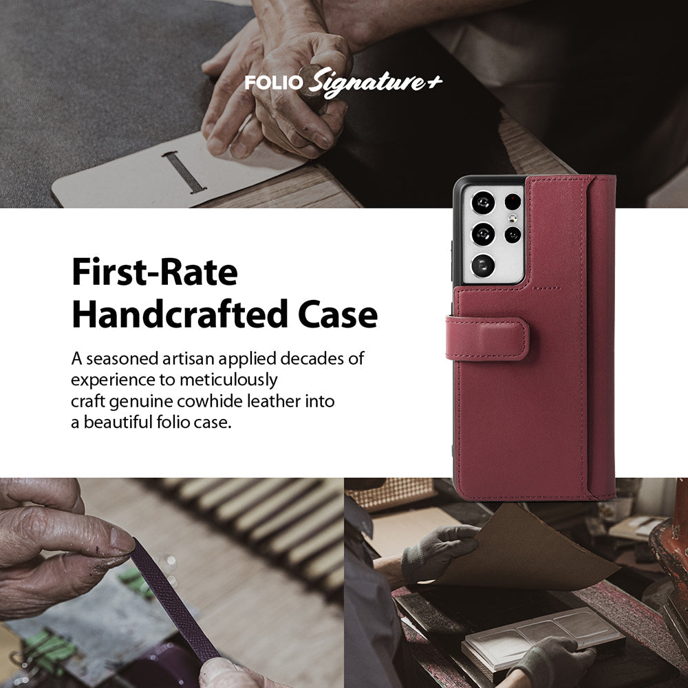 Galaxy S21 Ultra Case | Folio Signature+ - Maroon leather folio case for Galaxy S21 Ultra shown with artisan craft scenes.