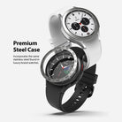 Galaxy Watch 4 Classic 46mm | Bezel Styling - Two Galaxy Watch 4 Classic smartwatches in white and black with stainless steel bezels.