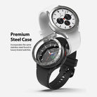 Galaxy Watch 4 Classic 42mm | Bezel Styling - Galaxy Watch 4 Classic 42mm | Two stainless steel smartwatches with white and black silicone bands stacked vertically.