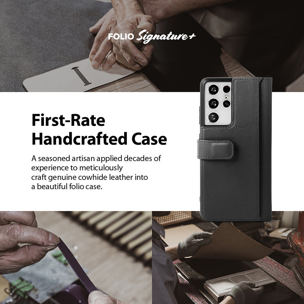 Galaxy S21 Ultra Case | Folio Signature+ - Black leather folio case for Galaxy S21 Ultra shown with artisan crafting scenes.