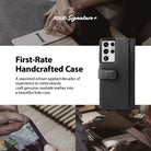 Galaxy S21 Ultra Case | Folio Signature+ - Black leather folio case for Galaxy S21 Ultra shown with artisan crafting scenes.
