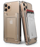 Card Holder | Slot [3 Cards] - Two gold iPhones in clear cases, one with an empty card slot and one holding three credit cards.