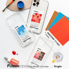 iPhone 12 Pro Max Case | Fusion Design Palette - Three clear phone cases with colorful grid designs, paint, and swatches.