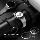 Galaxy Watch 4 Classic 46mm | Bezel Styling - Three Galaxy Watch 4 Classic units displayed with various metallic bezel covers.