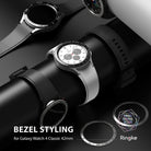 Galaxy Watch 4 Classic 42mm | Bezel Styling - Silver Galaxy Watch 4 with a black tachymeter bezel accessory attached.
