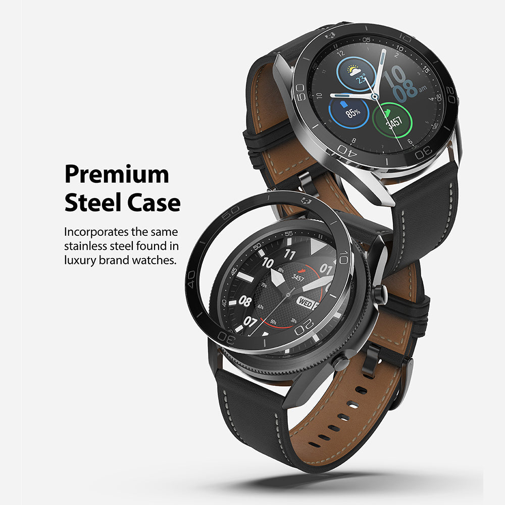 Galaxy Watch 3 (45mm) | Bezel Styling - Two Galaxy Watch 3 units with black leather straps and stainless steel bezels.