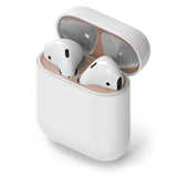 Ringke Airpods 2 / 1 Dust Guard Sticker - Open white charging case with rose gold metallic dust guard stickers applied.