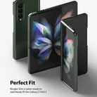 Galaxy Z Fold 3 Case | Slim - Three views of a dark green slim case on a Galaxy Z Fold 3 in open and closed positions.