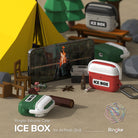AirPods 3 Silicone Case | Ice Box - Red and green cooler-style AirPods cases in a miniature camping scene with a tent.