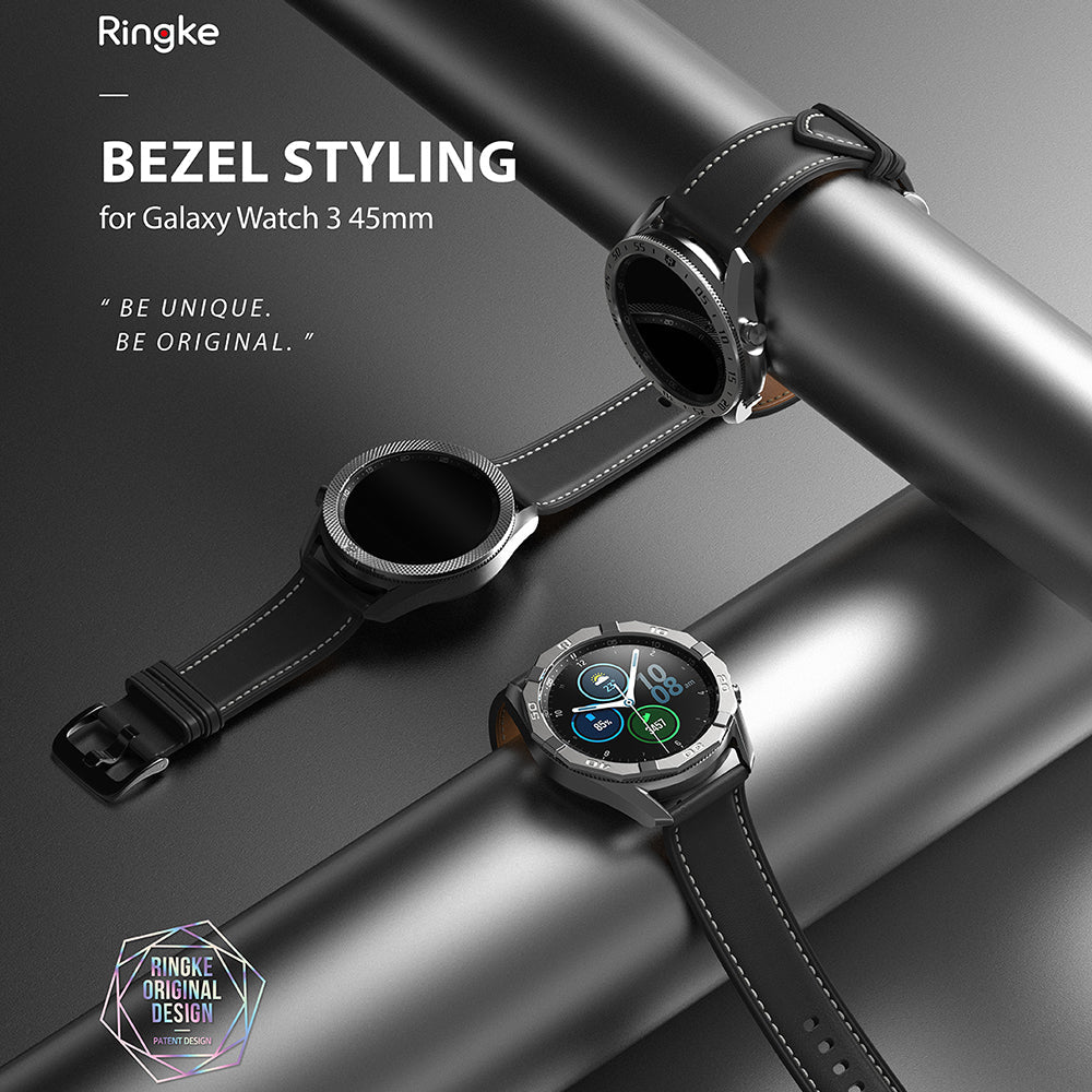 Galaxy Watch 3 (45mm) | Bezel Styling - Three Galaxy Watch 3 units with different metallic bezel covers on a dark surface.