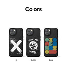 iPhone 14 Plus Case | Onyx Design - Three black phone cases featuring X, Graffiti, and Block graphic designs labeled below.